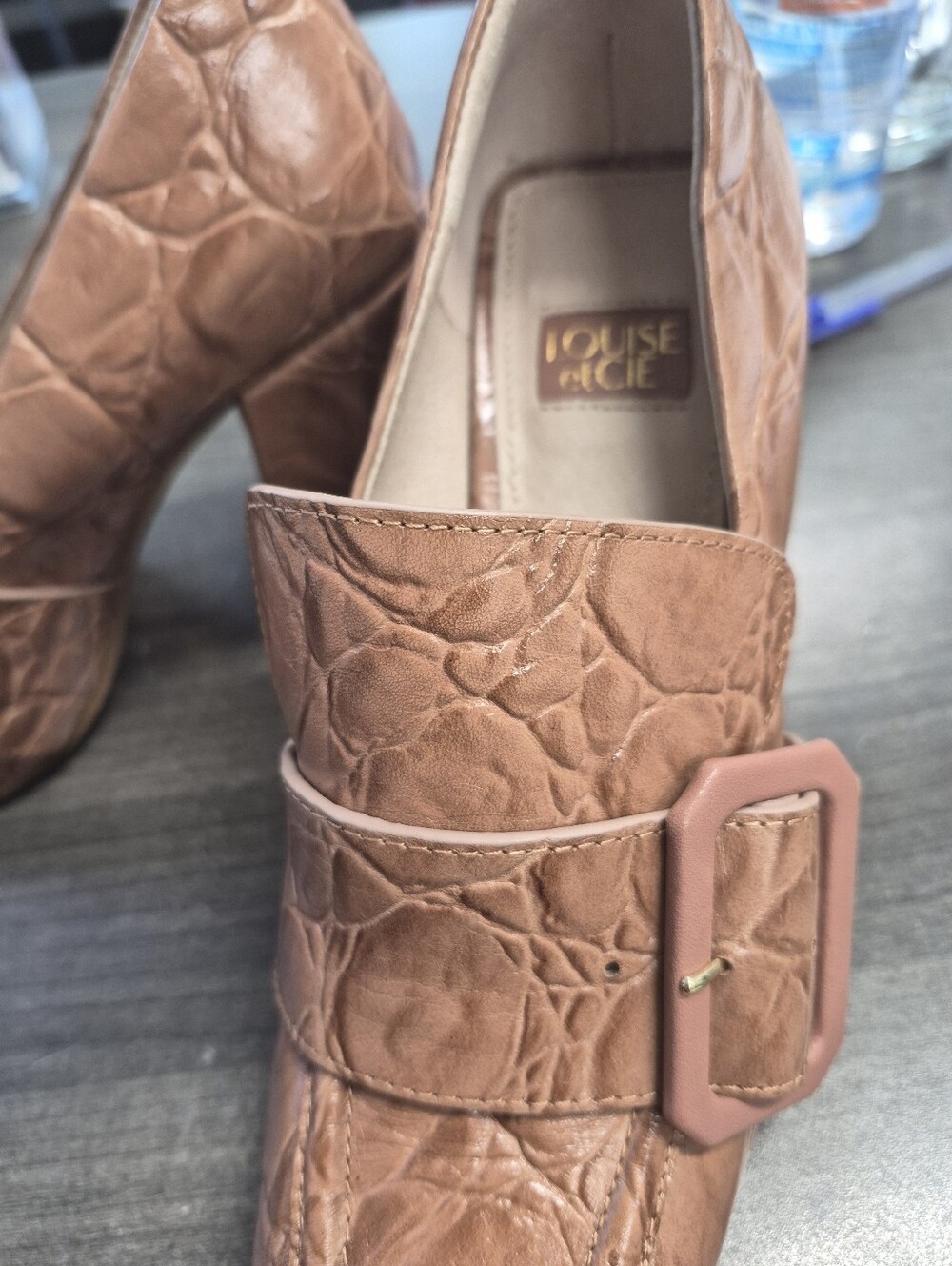 Louise Et CIE Womens Croc-Embossed Block Heel Loafers in Tan - Picture 2 of 4